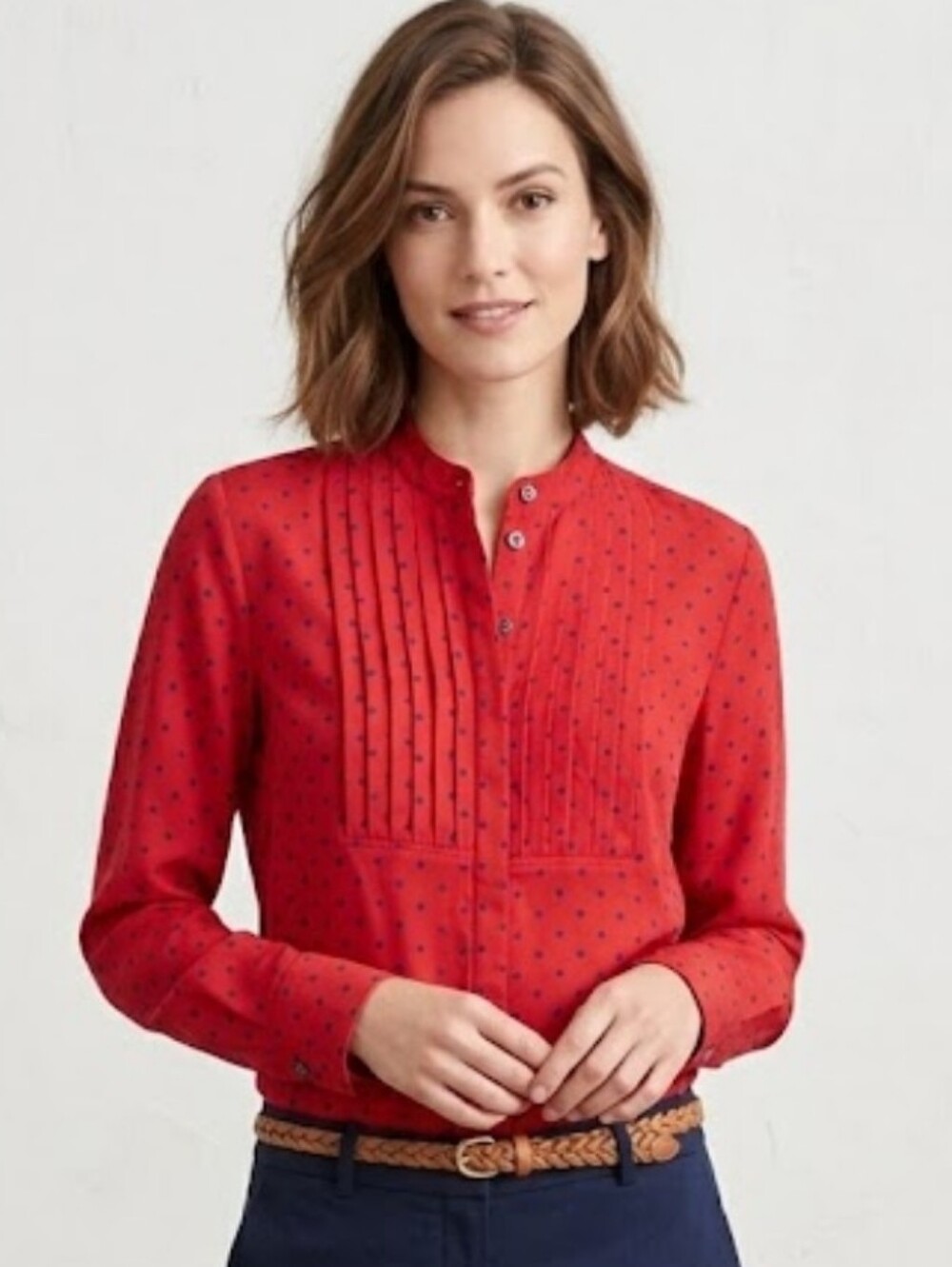 J. Crew Red Blue Polka Dot Pleated Front Long Sleeve Blouse Top XS